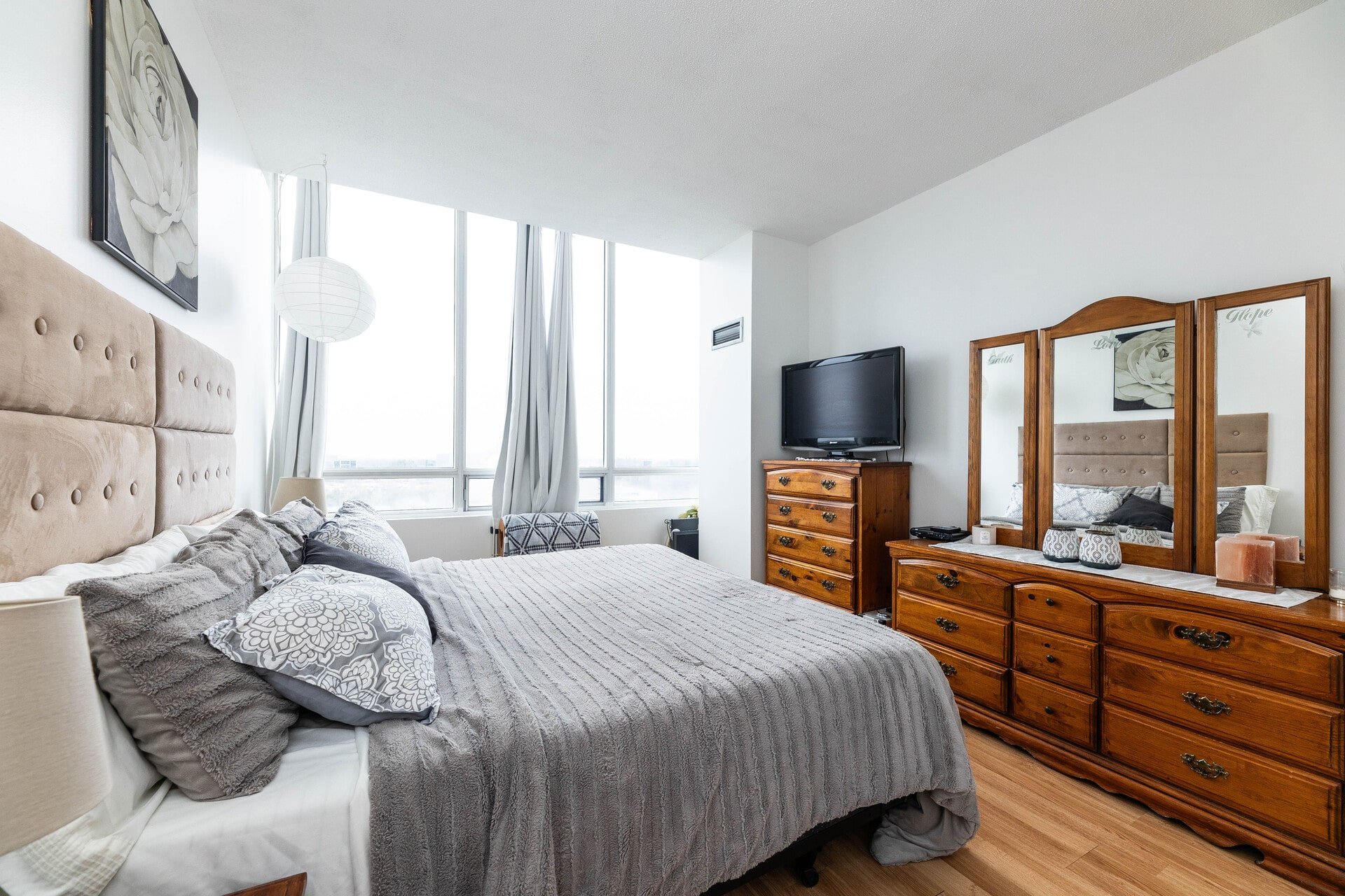 Modern bedroom of penthouse apartment, 3050 Ellesmere